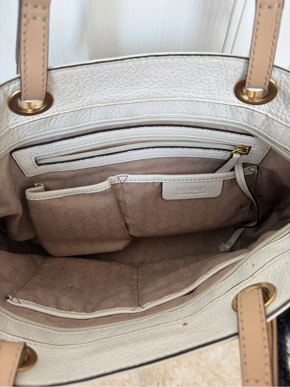 Michael Kors Cream Leather Tote with Tan Straps and Gold Hardware